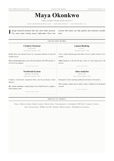 Portfolio one-pager (broadsheet)