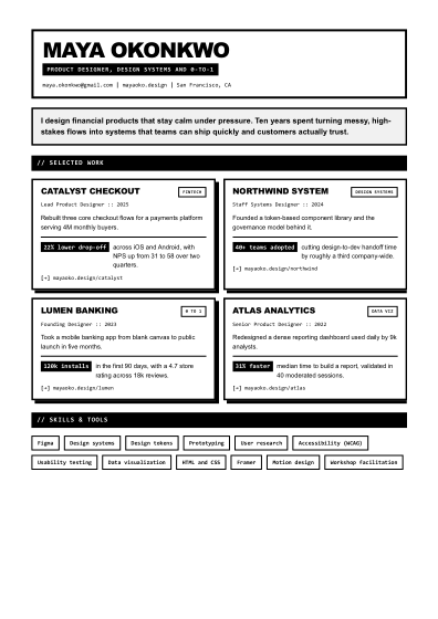 Portfolio one-pager (brutalist)