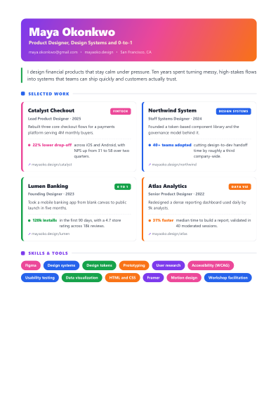 Portfolio one-pager (colorful)