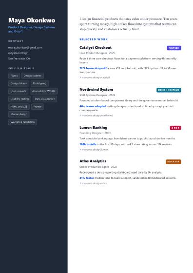Portfolio one-pager (sidebar)