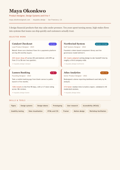 Portfolio one-pager (warm)