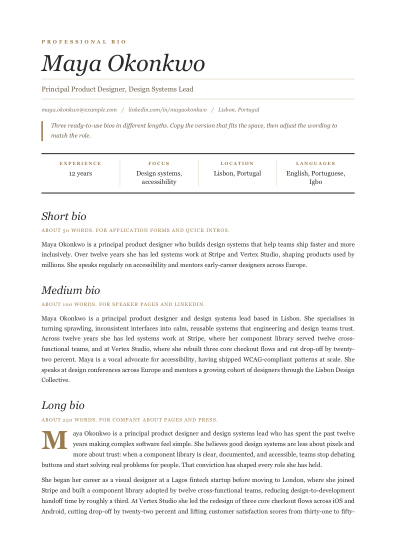 Professional bio (editorial)