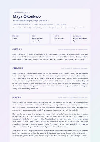Professional bio (glass)