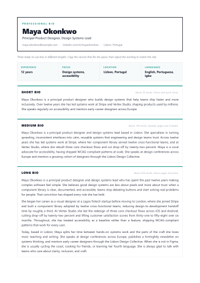 Professional bio (grid)