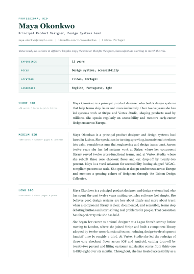 Professional bio (ledger)