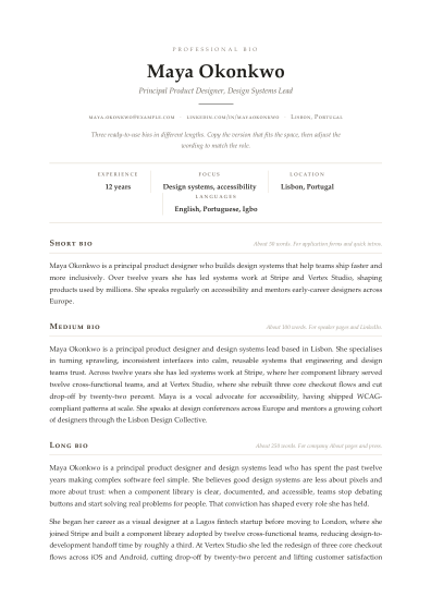 Professional bio (serif)