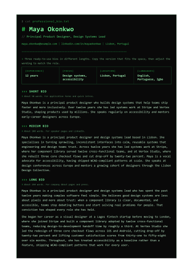 Professional bio (terminal)