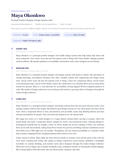 Professional bio (timeline)
